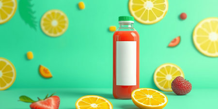 Juice bottle with fruit slices on turquoise background. generated by aiの写真素材