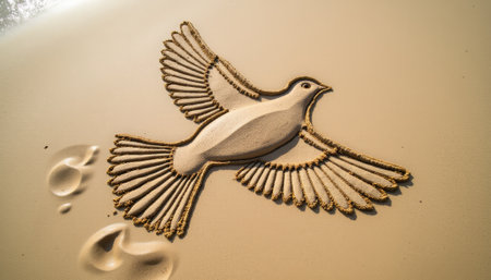 Sand art of a bird painted on the beach. generated by aiの素材