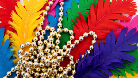 Colorful metallic beads and vibrant feathers, festive celebration. generated by aiの素材