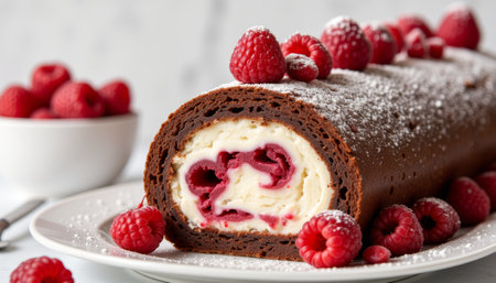 Decadent chocolate sponge cake topped with strawberries and shavings, indulgence. generated by aiの写真素材