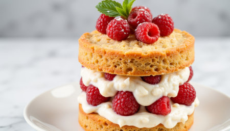 Delicious sponge cake layered with raspberries and cream, dessert delight. generated by aiの写真素材