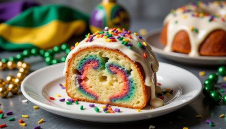 Vibrant king cake slice with sprinkles on plate, Mardi Gras celebration. generated by ai