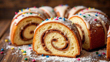 Delicious king cake slice with icing and sprinkles, festive celebration. generated by aiの写真素材