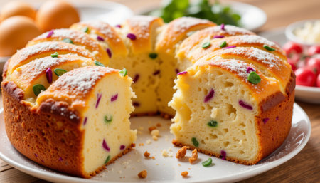 Vibrant king cake slice with colorful toppings on festive table, celebration. generated by ai