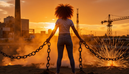 Strong woman breaking chains at sunset, empowerment symbolism. generated by aiの写真素材