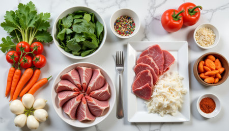 Vibrant hot pot ingredients elegantly arranged on marble background, culinary art. generated by aiの写真素材