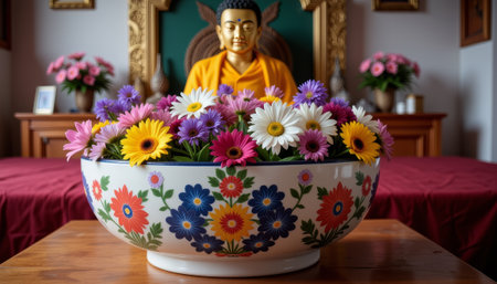 Decorative offering bowl with fresh flowers in front of Buddha statue, spirituality. generated by aiの写真素材