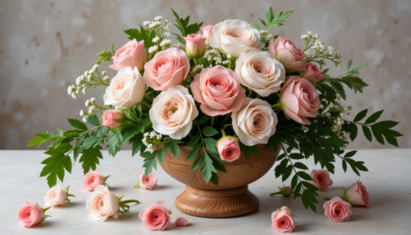 Delicate floral arrangement in wooden bowl, nature's beauty. generated by ai