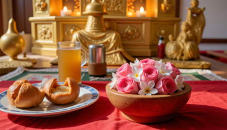 Traditional offering bowl with lotus flowers in serene altar setting, spirituality.