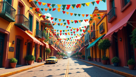 Lively street decorated for Cinco de Mayo celebration, festive atmosphere. generated by aiの素材