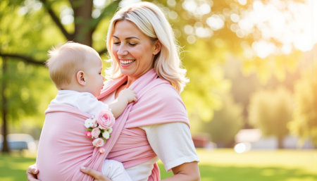Mom with baby in sling enjoying Mother's Day in a sunny park, nurturing love. generated by aiの素材