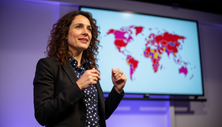 Confident presenter engaging audience during startup pitch, business setting. generated by aiの素材