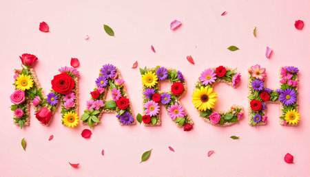 Floral display spelling March with colorful flowers and petals on backgroundの写真素材