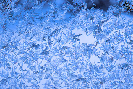 Bright blue frost pattern on a window glass as an abstract backgroundの写真素材