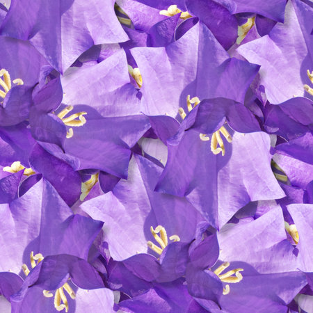 Seamless flower pattern featuring vibrant purple bellflowers, elegant floral design for textiles, copy spaceの写真素材