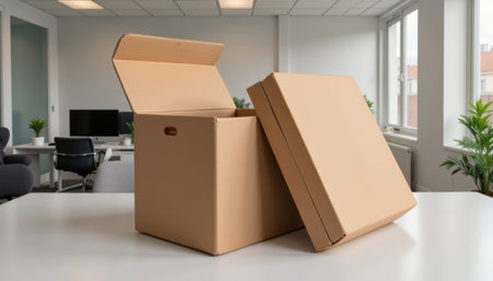 Cube Box in Minimal Office, Realism Stock Photo. generated by aiの素材
