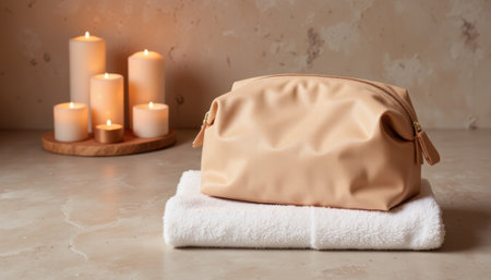 Minimalist cosmetic bag in spa bathroom, soothing ambiance. generated by aiの素材