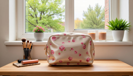 Floral Cosmetic Bag on Vanity, Rainy Afternoon Comfort. generated by aiの素材