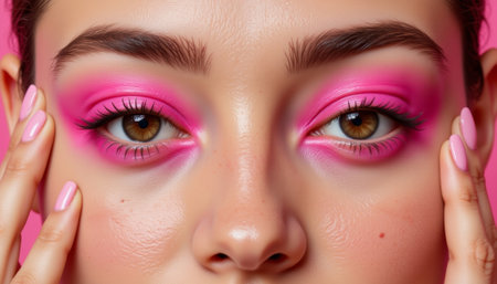 Bold eye makeup with neon pink highlight, fun beauty twist. generated by aiの素材