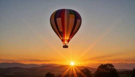 Balloon drifting at sunset, peaceful journey. generated by aiの素材