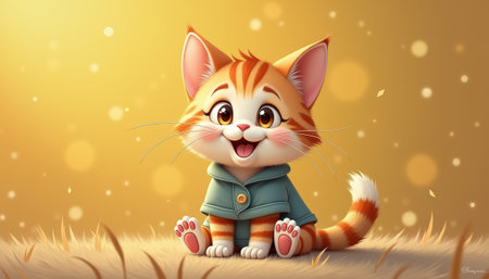 Happy cartoon cat wearing a jacket, cheerful and content expression, sitting in a grassy field. aiの素材