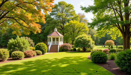 Cherry Blossom Garden with Gazebo, Tranquil Retreat. generated by aiの素材