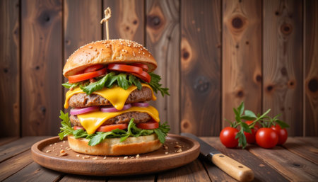 Juicy burger on rustic table, culinary indulgence. generated by aiの素材