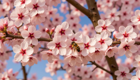 Bees pollinating cherry blossoms, springtime harmony. generated by aiの素材