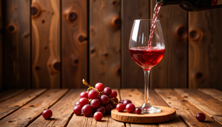 Red wine and grapes on rustic wood table, intimate dining vibe. generated by aiの素材