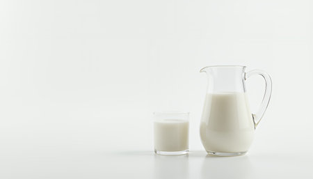 Glass and pitcher of milk on white background. generated by aiの素材