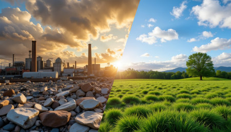 Industrial vs. Natural Landscape Contrast, Environmental Concept. generated by aiの素材