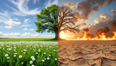 Divided world of nature, vibrant contrast, climate change impact. generated by aiの素材