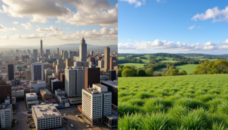 Contrasting cityscape and landscape divide, urban-nature harmony. generated by aiの素材