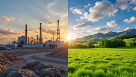 Industrial vs. Nature Landscape, environmental contrast. generated by aiの素材