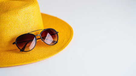 Yellow Straw Hat and Sunglasses on White Background. generated by aiの素材