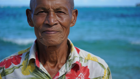 Elderly man in a tropical shirt posing with the sea in the background. generated by aiの素材