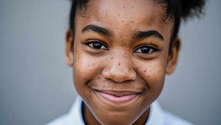 Smiling child close-up against gray background. generated by aiの素材