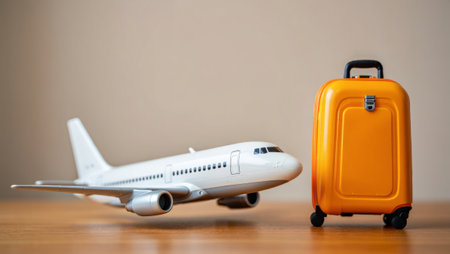 Toy airplane and orange suitcase on wooden table. generated by aiの素材