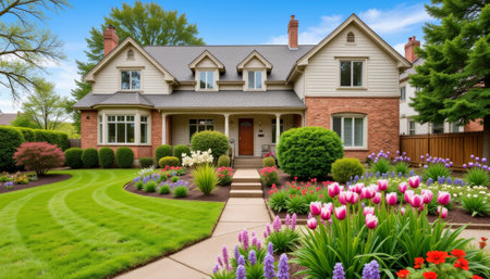 Charming townhouse with vibrant garden and manicured lawn, home beauty. generated by aiの素材