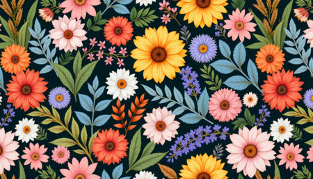 Vibrant floral botanical pattern on dark background, artistic elegance. generated by ai