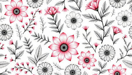Seamless floral print with hand-drawn elements in monochrome, design concept. generated by aiの写真素材