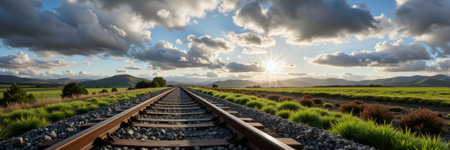 Symbolic empty train track under dramatic cloudy sky, journey aheadの写真素材