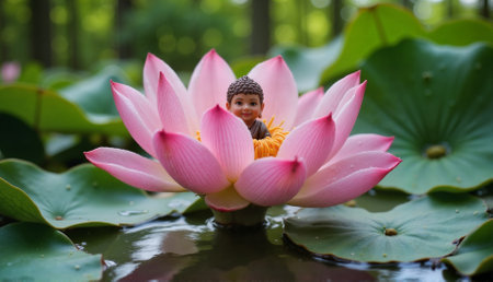 Joyful child sitting in pink lotus flower on tranquil pond, serenity. generated by aiの素材