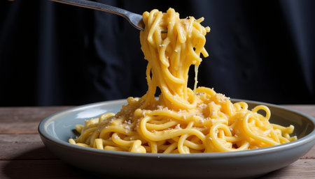 Comforting cheese pasta twirling on fork in soft light, culinary delight. generated by aiの素材