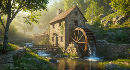 Scenic watermill beside a stream in a lush green landscape with morning sunlight.の素材