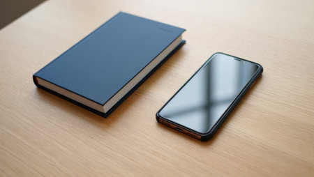 Smartphone and book on wooden table, digital versus analog learningの素材