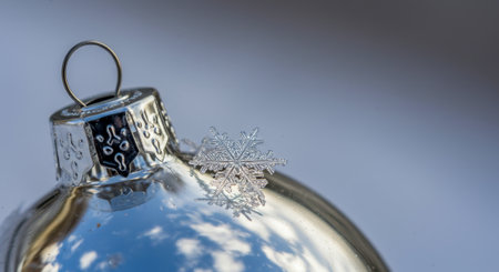 Silver ornament with snowflake on blurred backgroundの素材