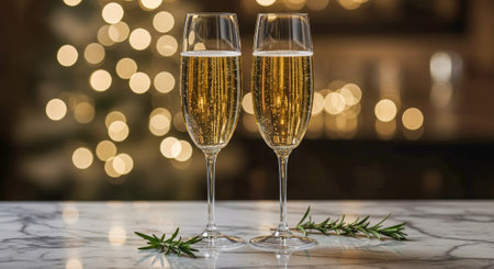 Champagne glasses with bokeh lights on marble surfaceの素材