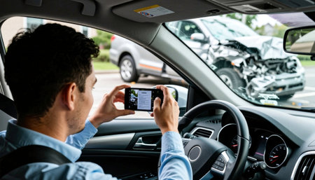 Man photographing car accident from vehicle interiorの写真素材