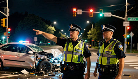 Police directing traffic at night on street
